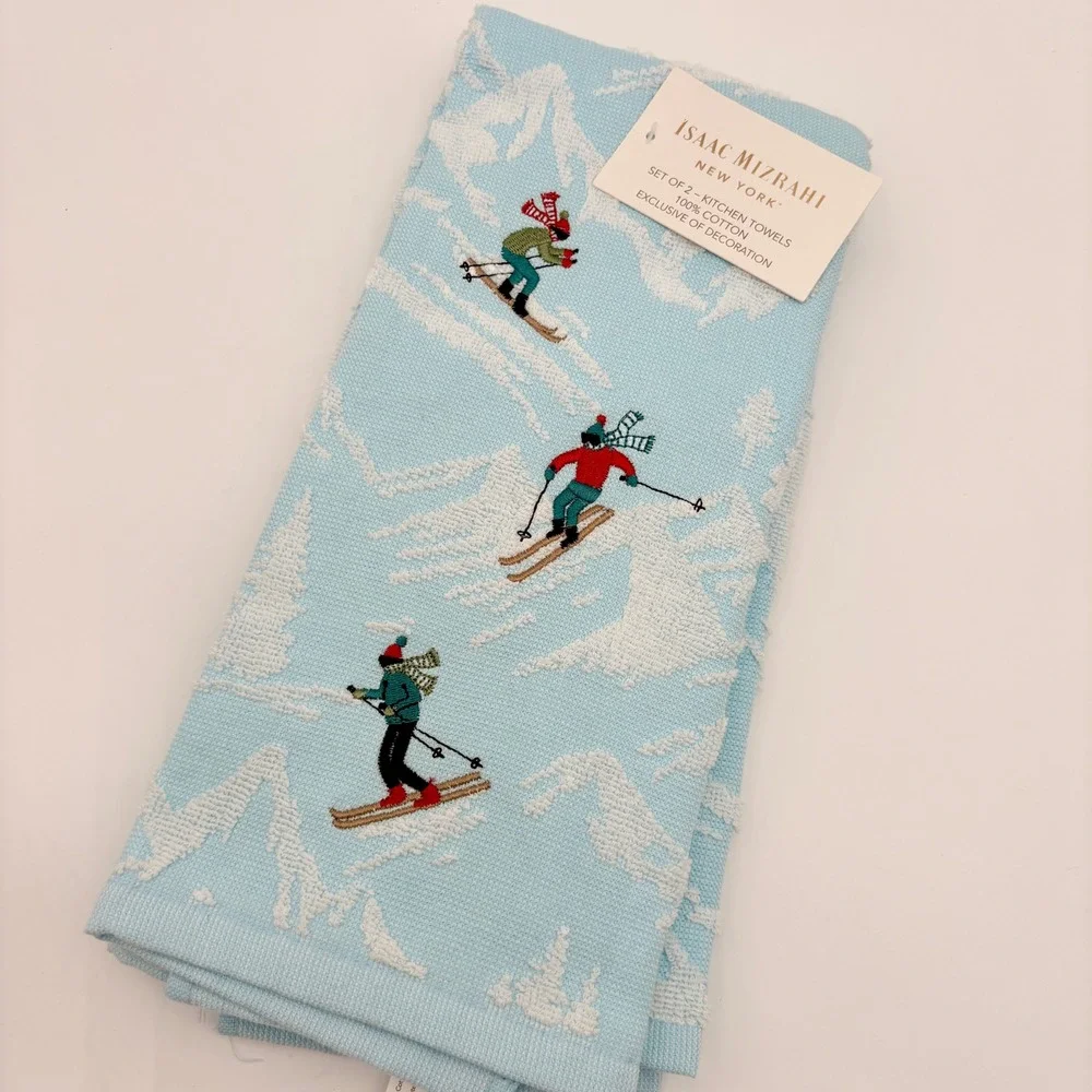 Isaac Mizrahi Kitchen Towels Skiing Skier Christmas Print Set of 2‎ 100% Cotton